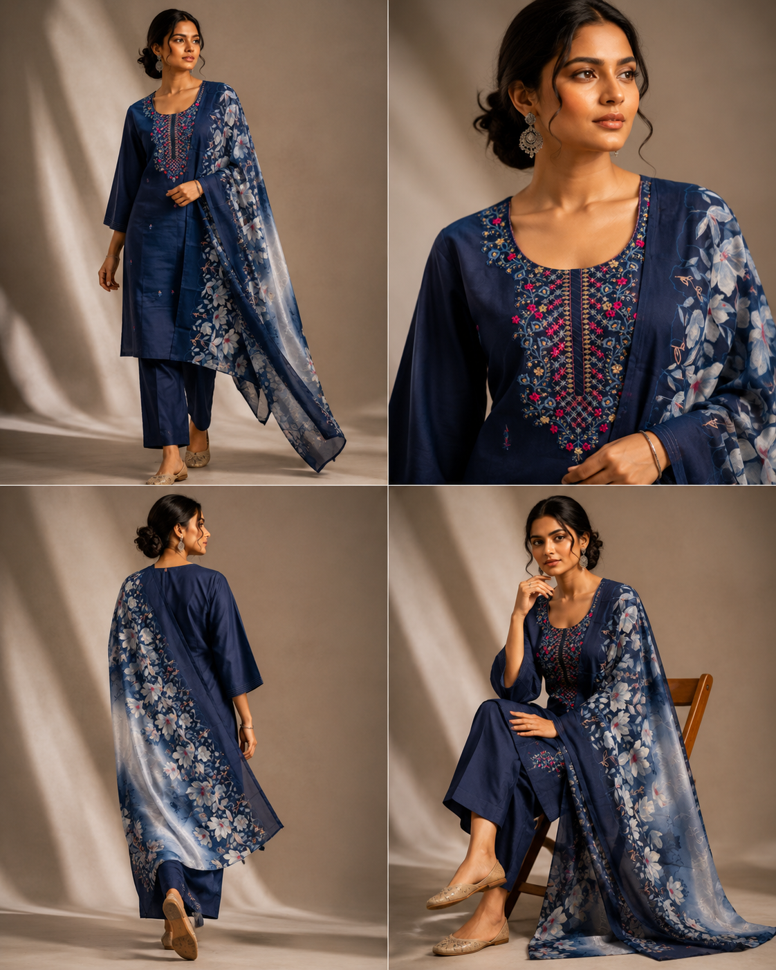 Navy Blue Kurta Pant Set with Floral Dupatta for Women