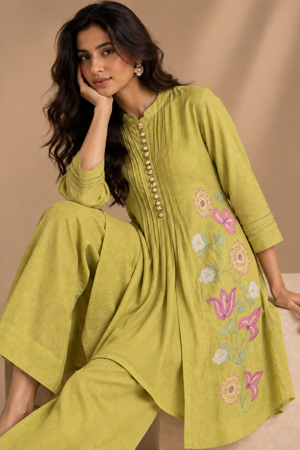 Lime Green Floral Embroidered Cotton Coord Set