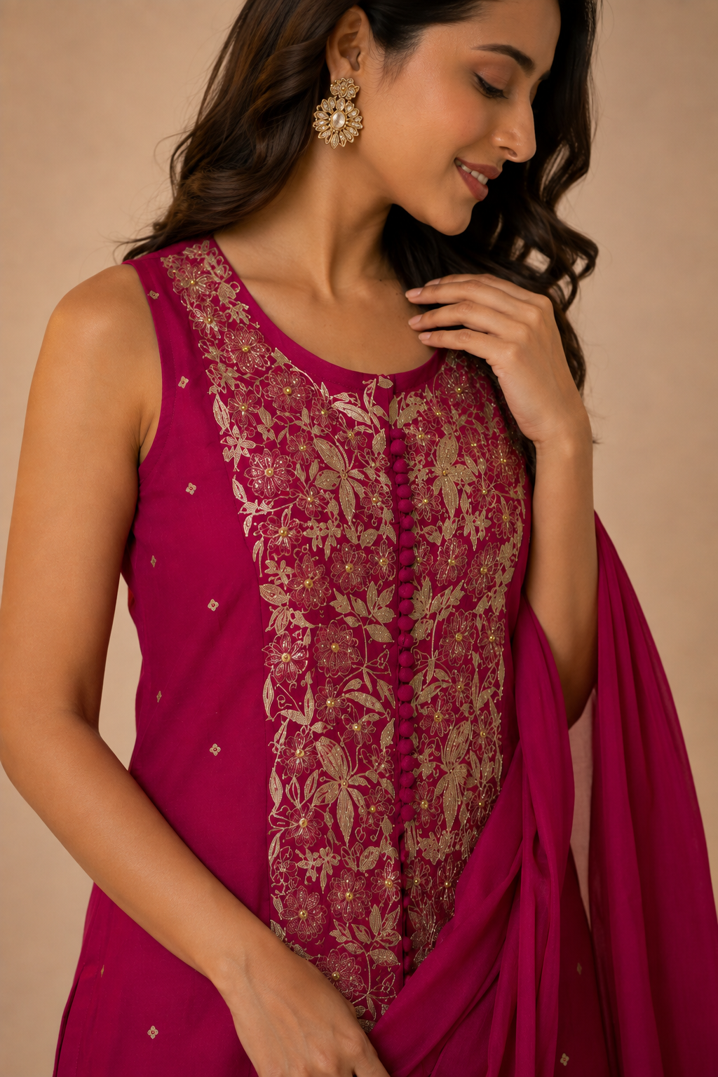 Magenta Embroidered Short Kurti with Palazzos & Dupatta Set