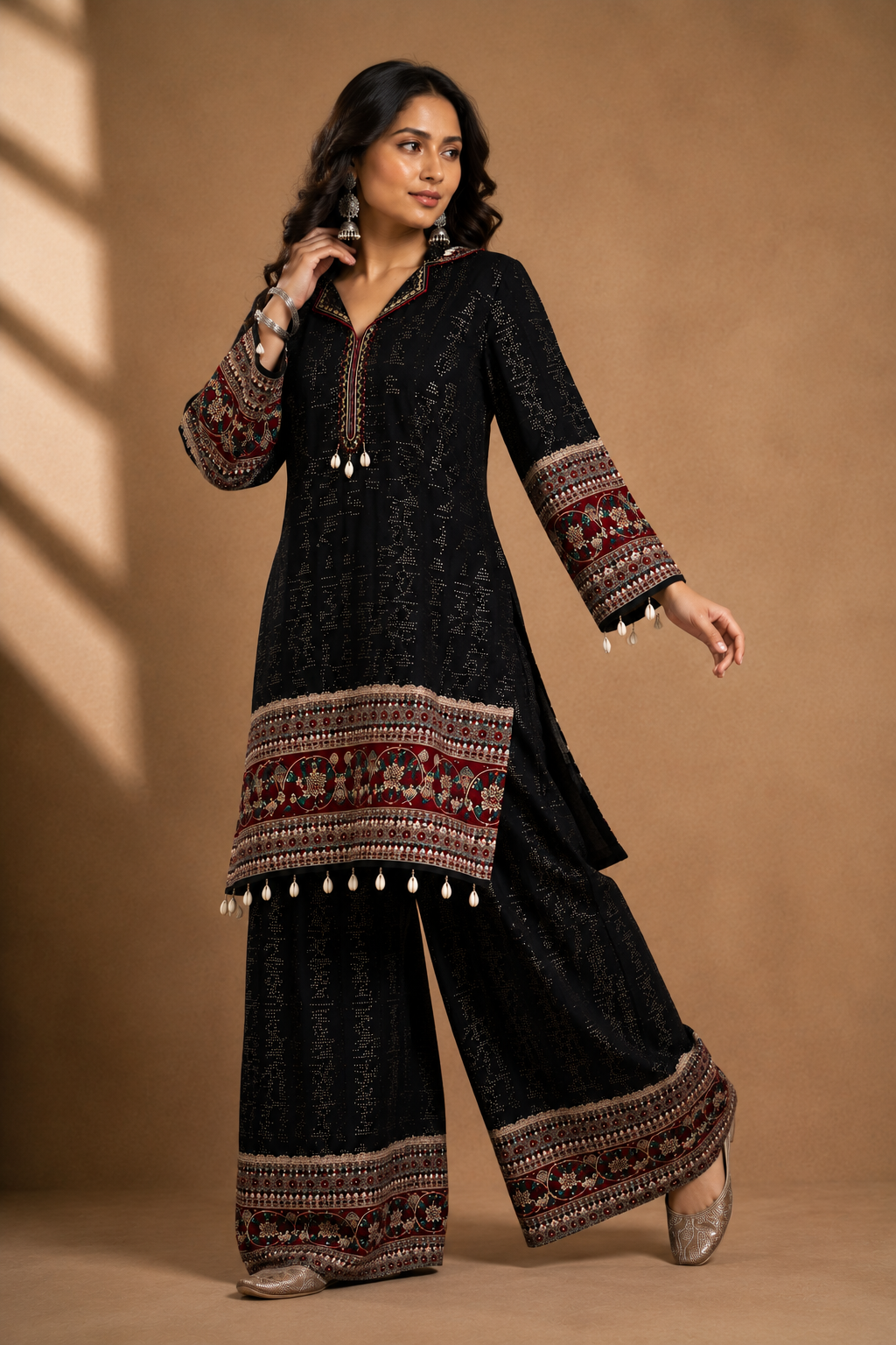 Black Embroidered Co-ord Set with Shell Embellishment