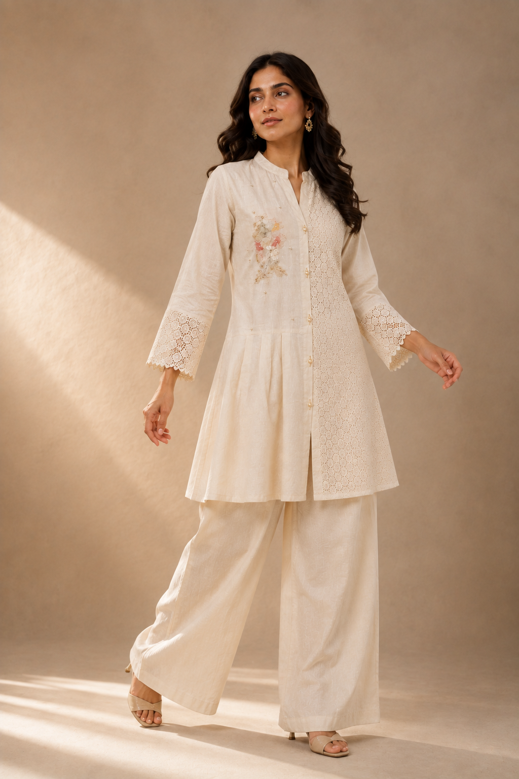 Light Beige Khadi Cotton Embroidered Coord Set