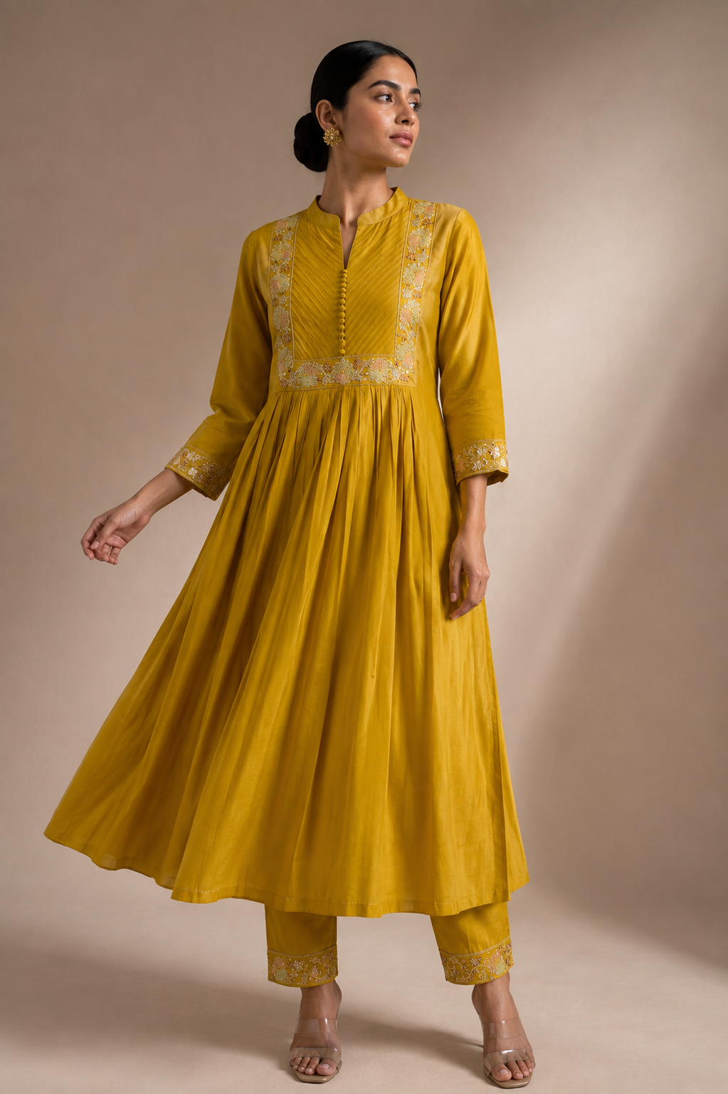 Mustard Yellow Embroidered Anarkali Kurta Palazzo Set