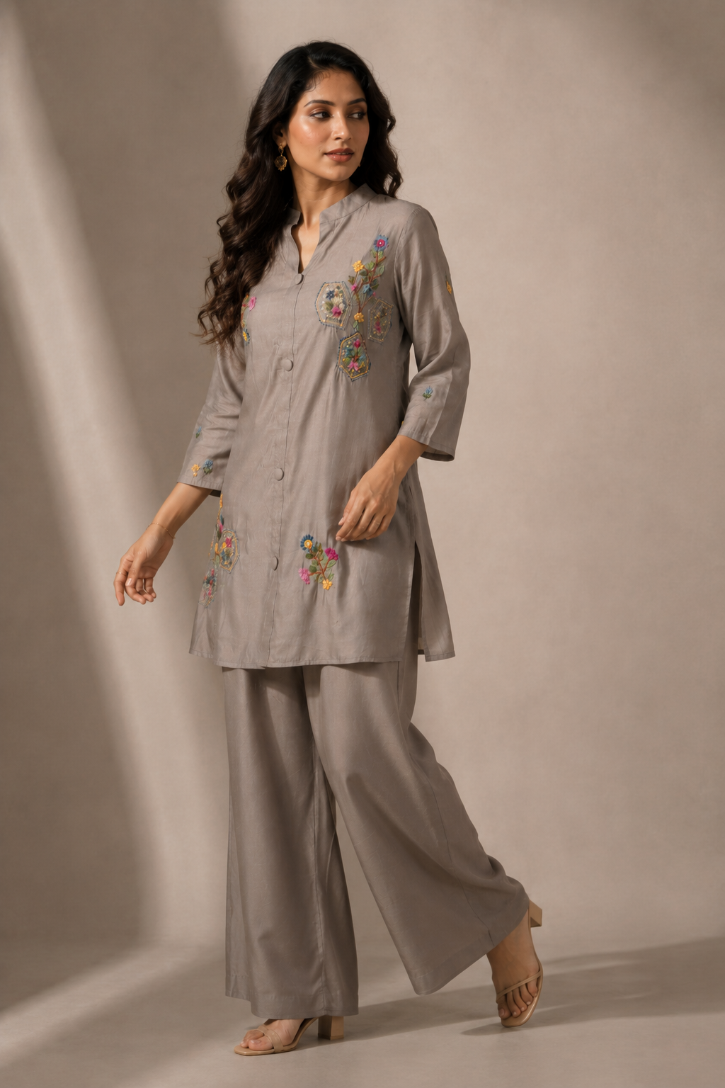 Embroidered Beige Grey Chanderi Co-ord Set