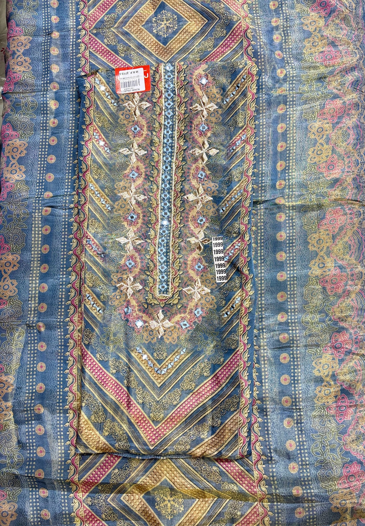 Blue Printed Unstitched Suit Set with Mirror Work Neckline & Solid Bottom