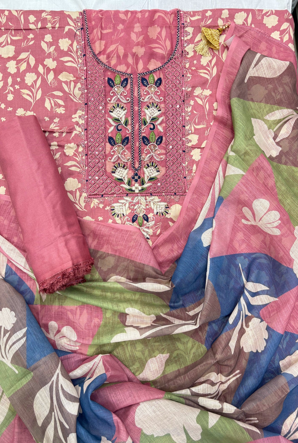 Floral Printed Cotton Unstitched Suit with Embroidered Neck