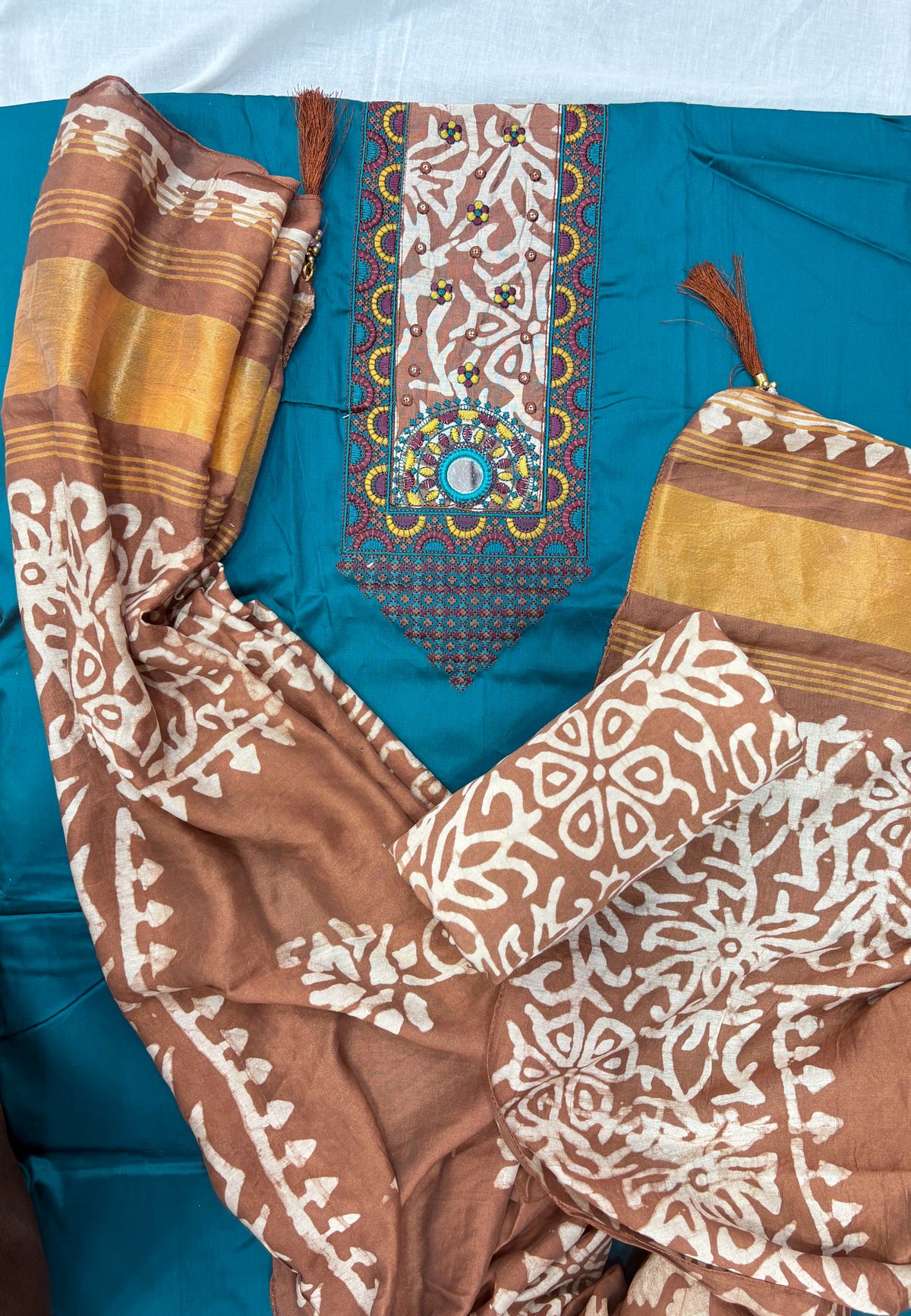 Teal Blue Cotton Embroidered Unstitched Suit Set with Printed Dupatta