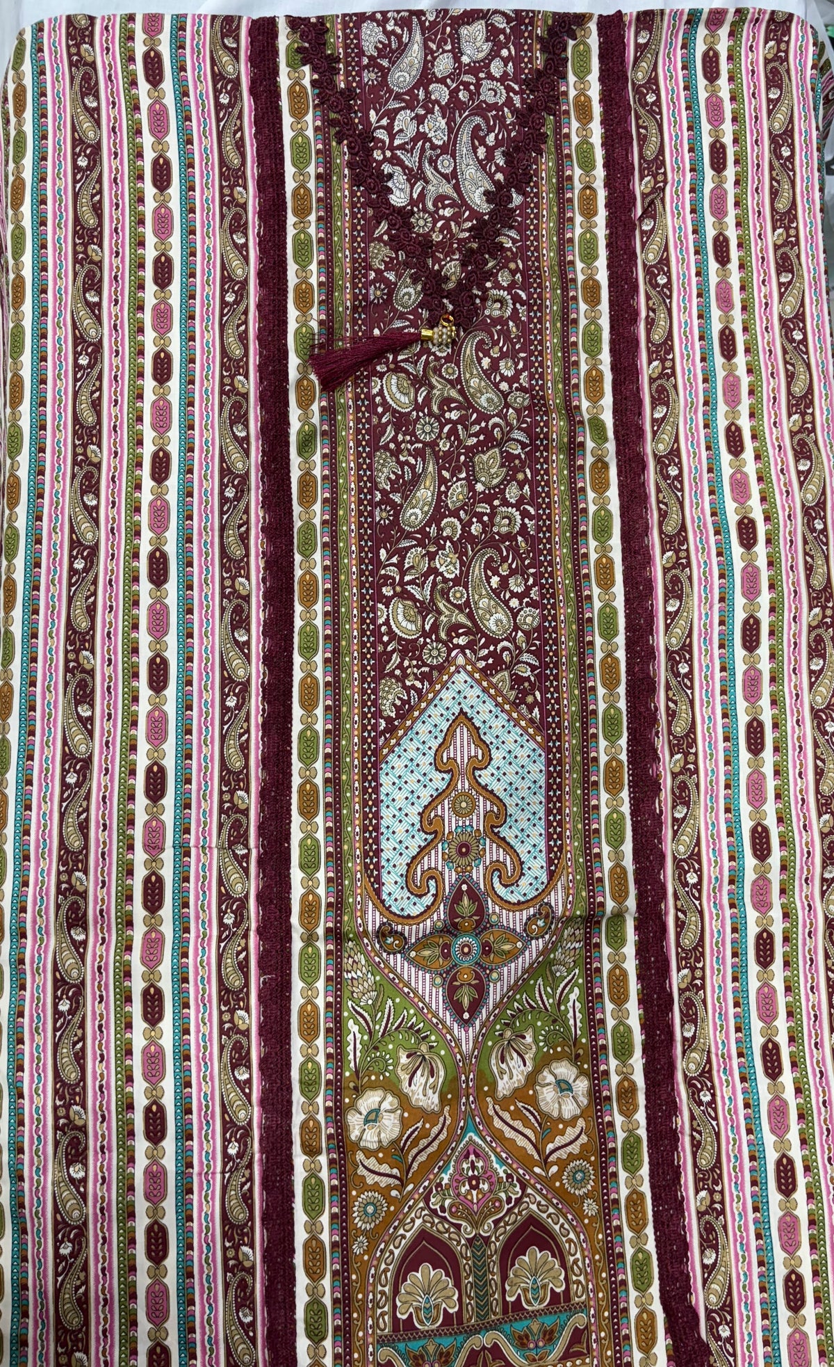 Pink Floral Printed Unstitched Suit Set with Paisley Dupatta