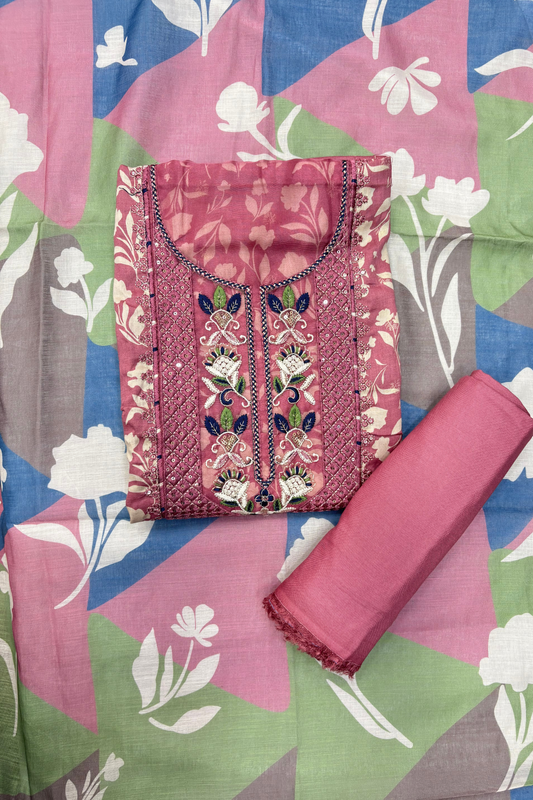 Floral Printed Cotton Unstitched Suit with Embroidered Neck