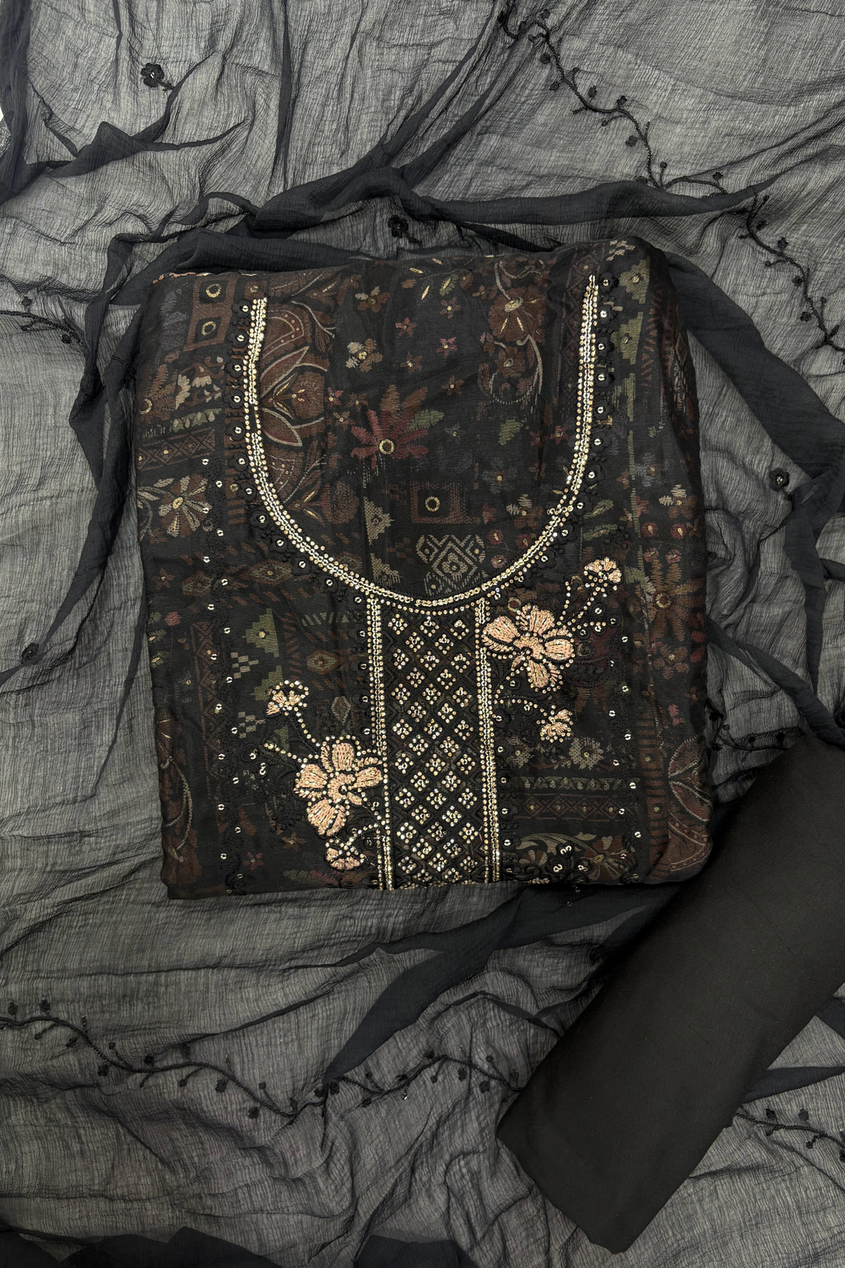 Midnight Floral Embellished Unstitched Suit Set