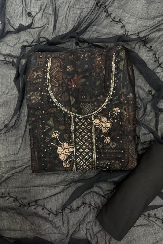 Midnight Floral Embellished Unstitched Suit Set