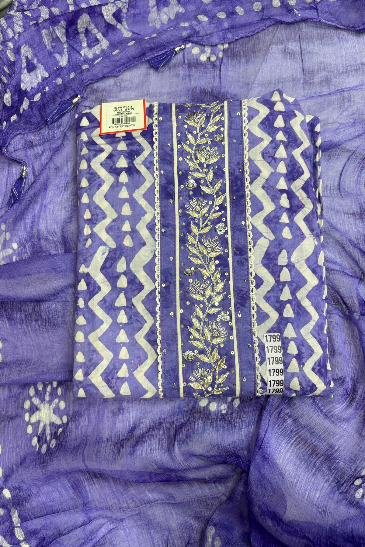 Printed Unstitched Suit Set with Embroidered Neckline & Dupatta