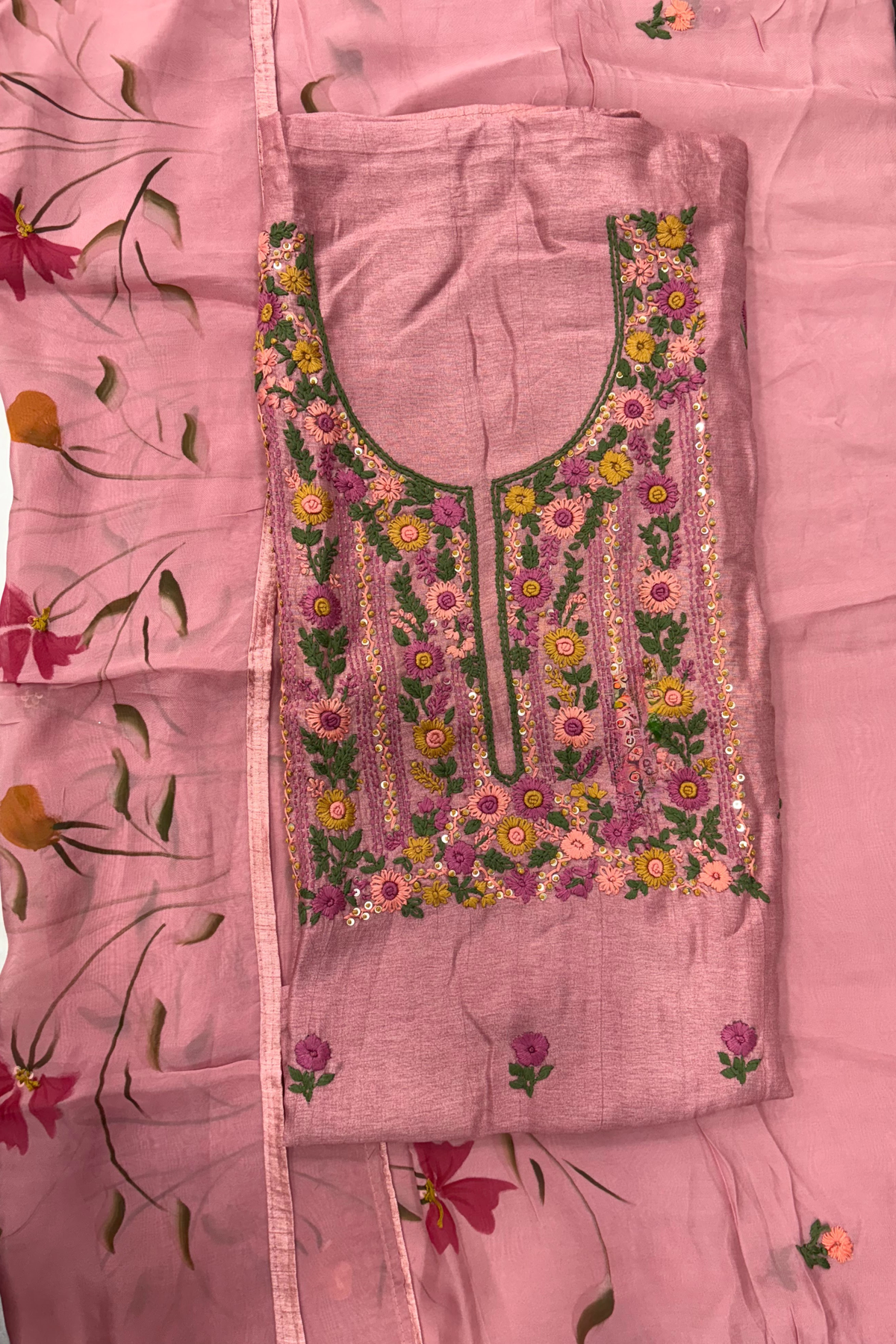 Blush Pink Floral Embroidered Unstitched Suit Set with Printed Dupatta