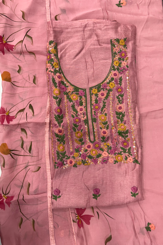 Blush Pink Floral Embroidered Unstitched Suit Set with Printed Dupatta