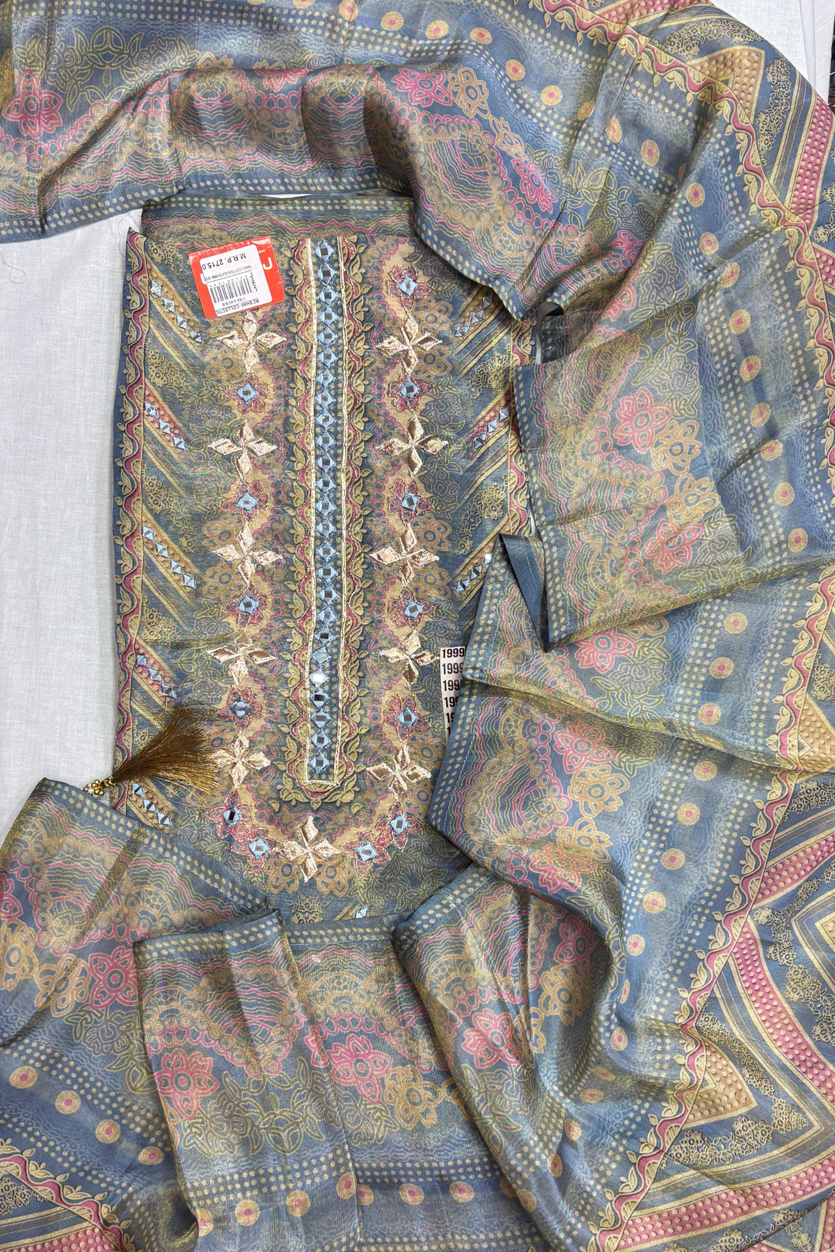 Blue Printed Unstitched Suit Set with Mirror Work Neckline & Solid Bottom