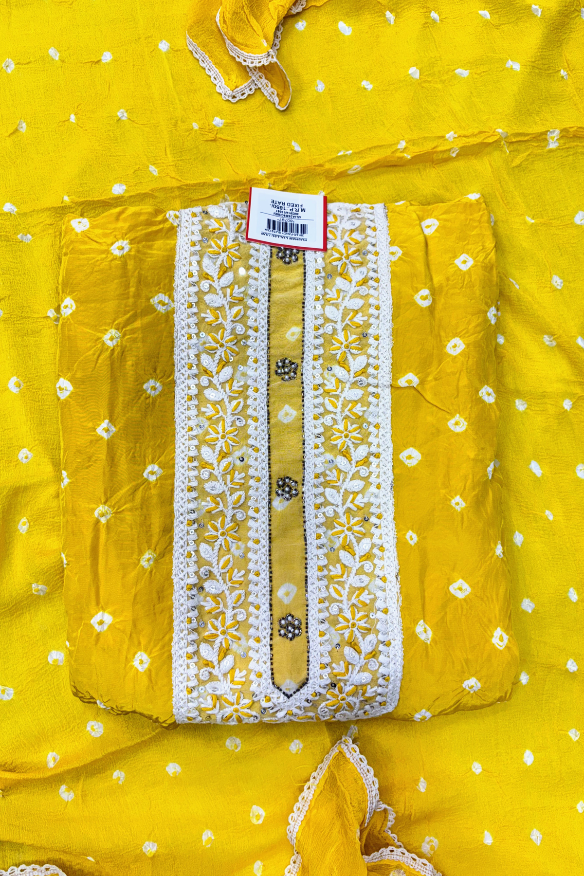 Sunshine Yellow Bandhani Embroidered Unstitched Suit Set with Dupatta