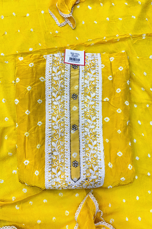 Sunshine Yellow Bandhani Embroidered Unstitched Suit Set with Dupatta