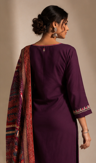A collage showing a woman modeling a deep purple traditional outfit with embroidered neckline details and a patterned dupatta, plus close-up views of the fabric and embroidery.