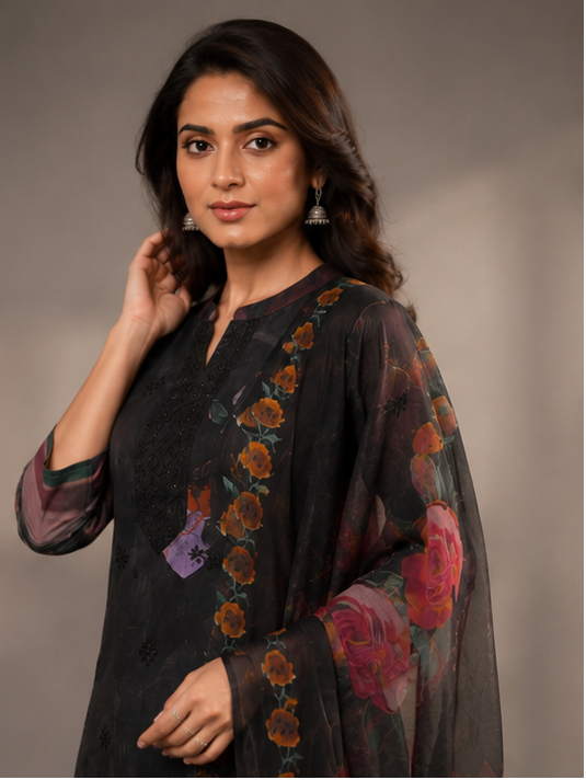 Woman modeling a black floral outfit with a scarf against a neutral background