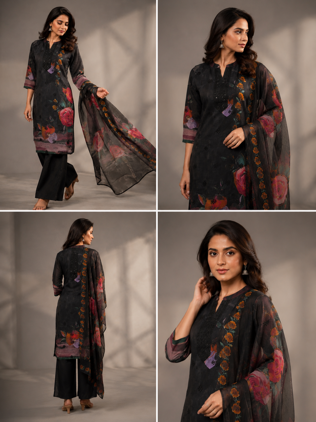 Woman modeling a black floral outfit with a scarf against a neutral background