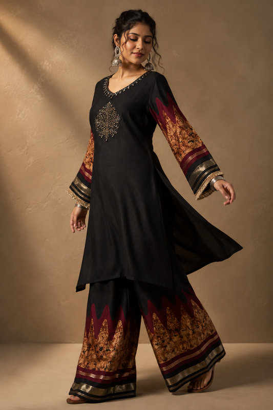 Black Embroidered Kurti & Palazzo Co-ord Set