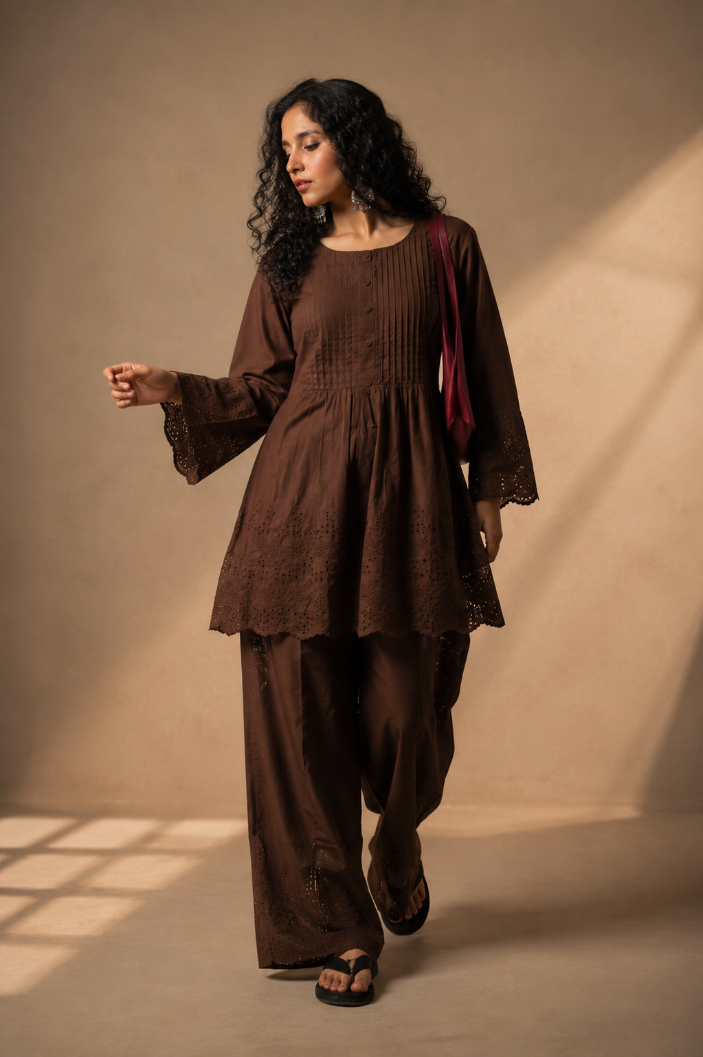Chocolate Brown Embroidered Kurti & Palazzo Co-ord Set