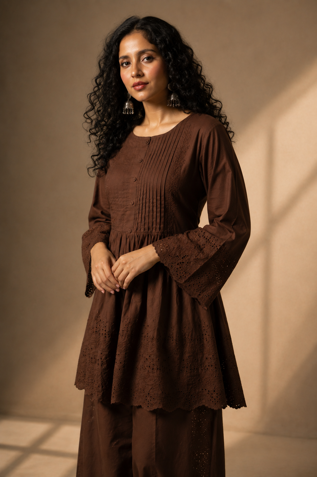 Chocolate Brown Embroidered Kurti & Palazzo Co-ord Set