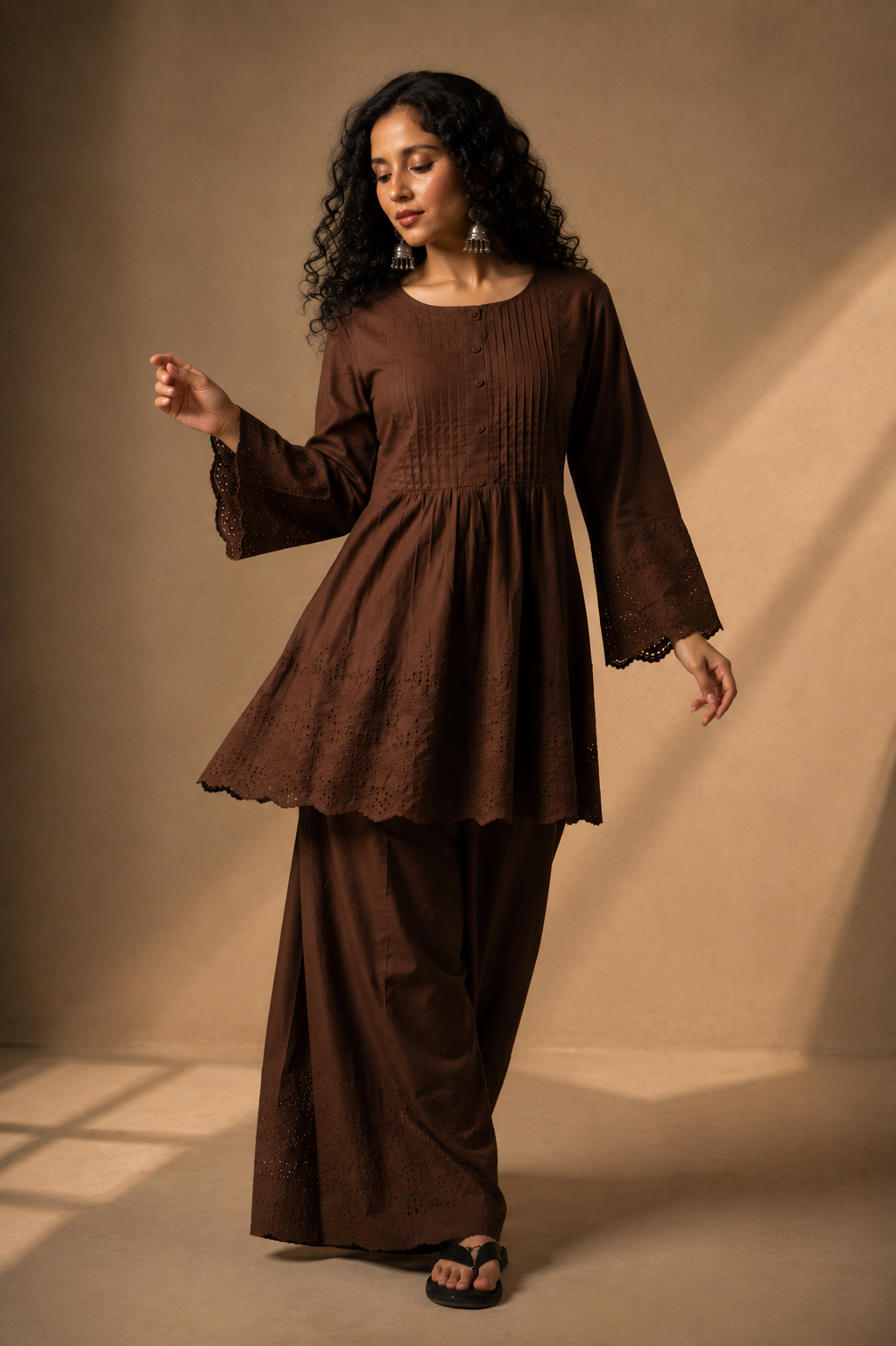 Chocolate Brown Embroidered Kurti & Palazzo Co-ord Set