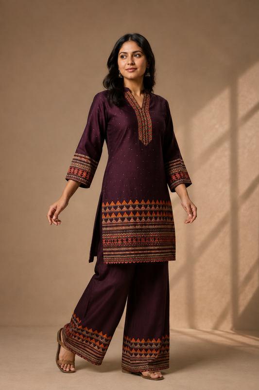 Plum Printed Kurti & Palazzo Co-ord Set
