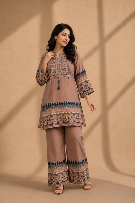 Dusty Mauve Printed Kurta & Palazzo Co-ord Set