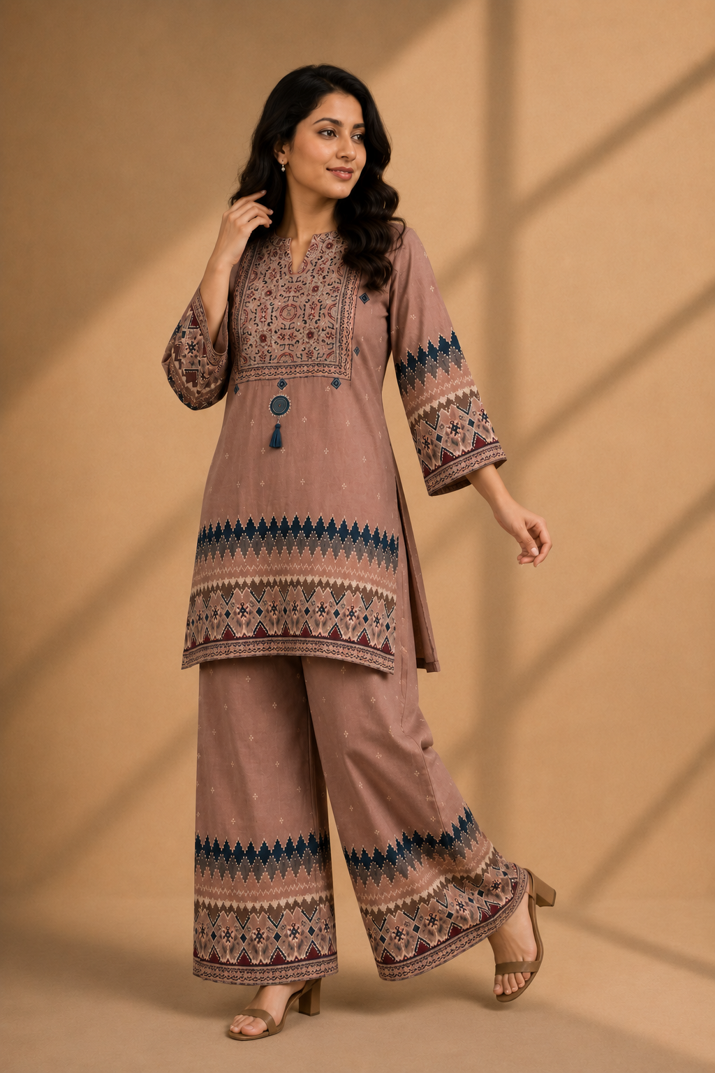 Dusty Mauve Printed Kurta & Palazzo Co-ord Set