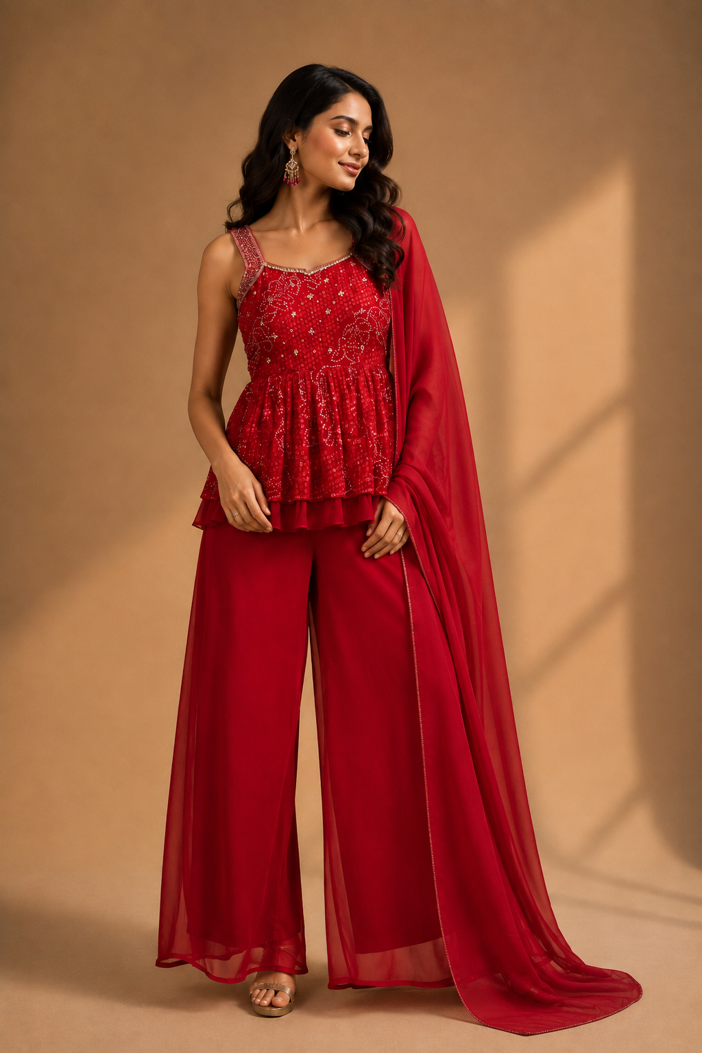 Red Embellished Choli & Palazzo Co-ord Set with Dupatta