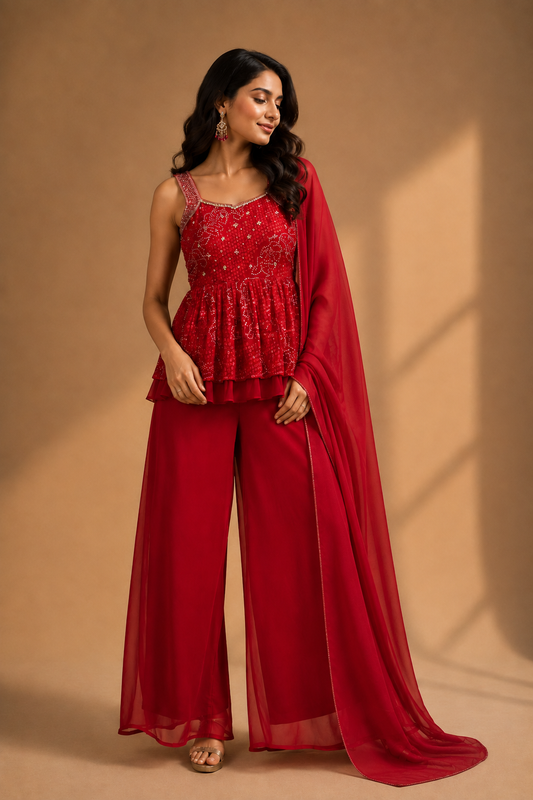 Red Embellished Choli & Palazzo Co-ord Set with Dupatta