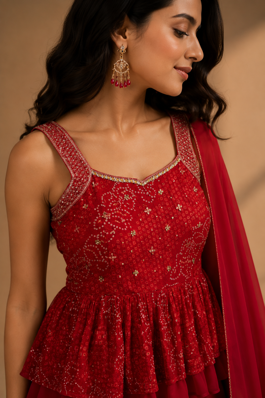 Red Embellished Choli & Palazzo Co-ord Set with Dupatta