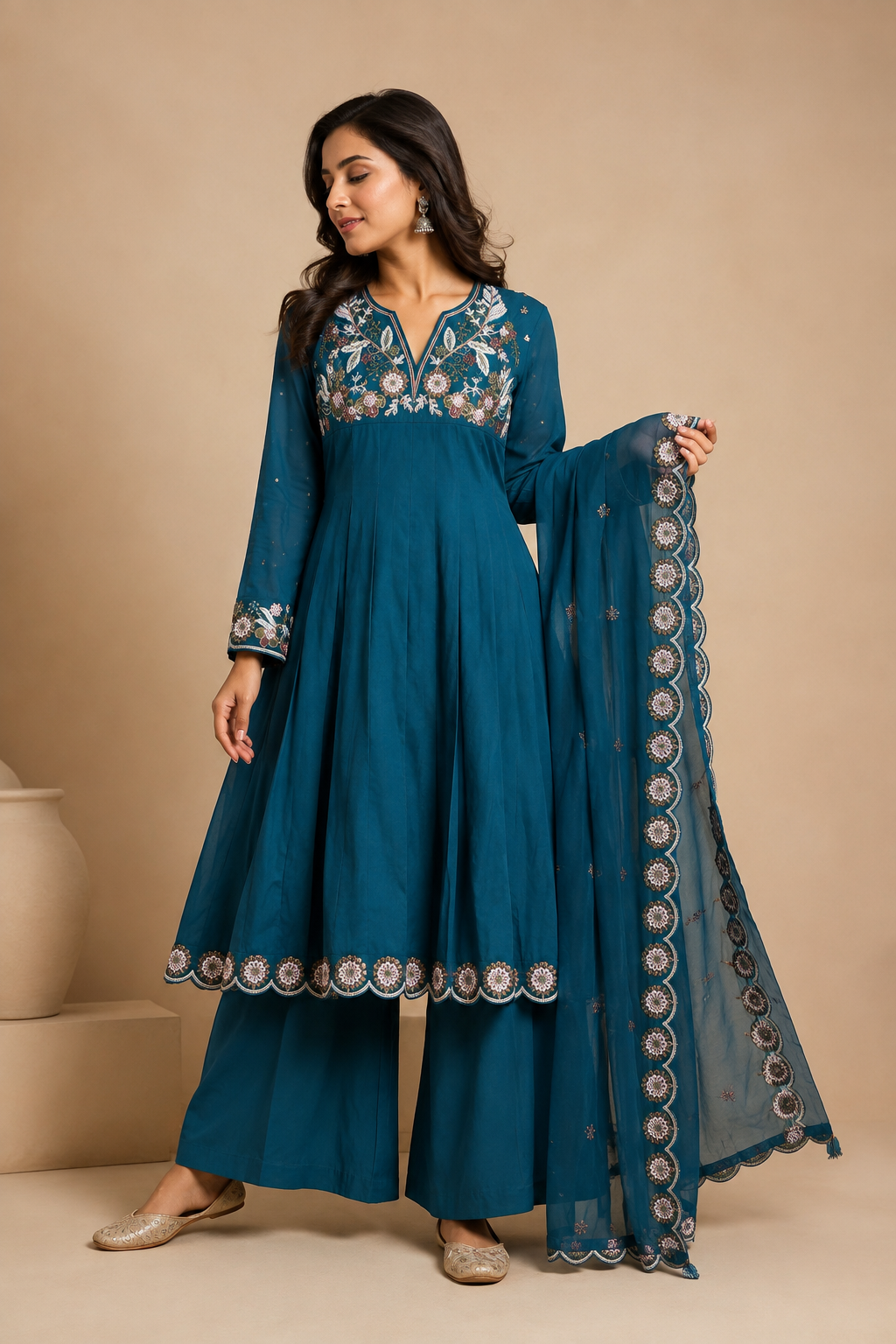 Teal Floral Embroidered Long Kurti Palazzo Set with Dupatta