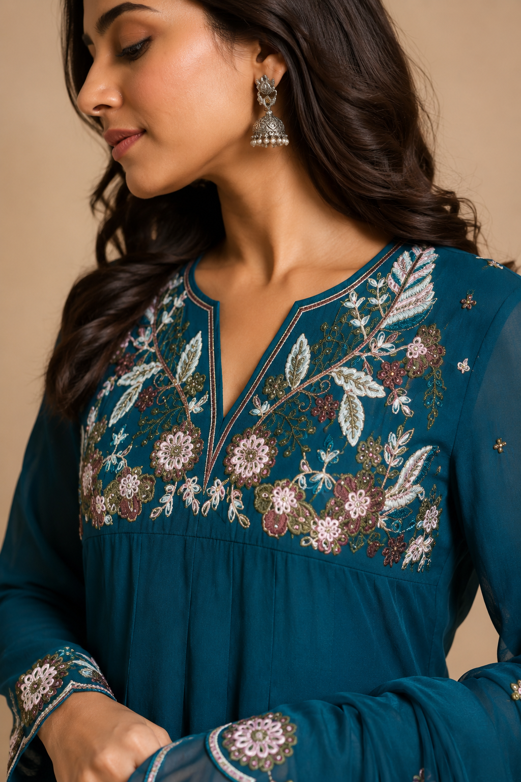 Teal Floral Embroidered Long Kurti Palazzo Set with Dupatta