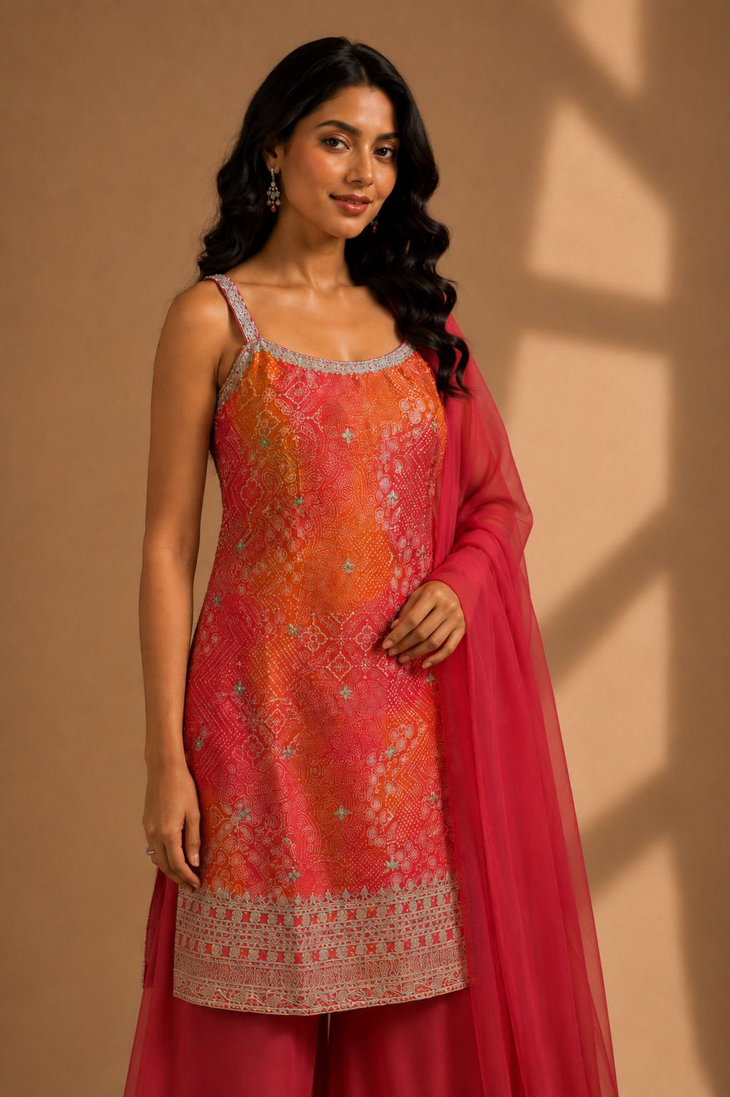 Coral Orange & Pink Embroidered Kurta Pant Set with Dupatta