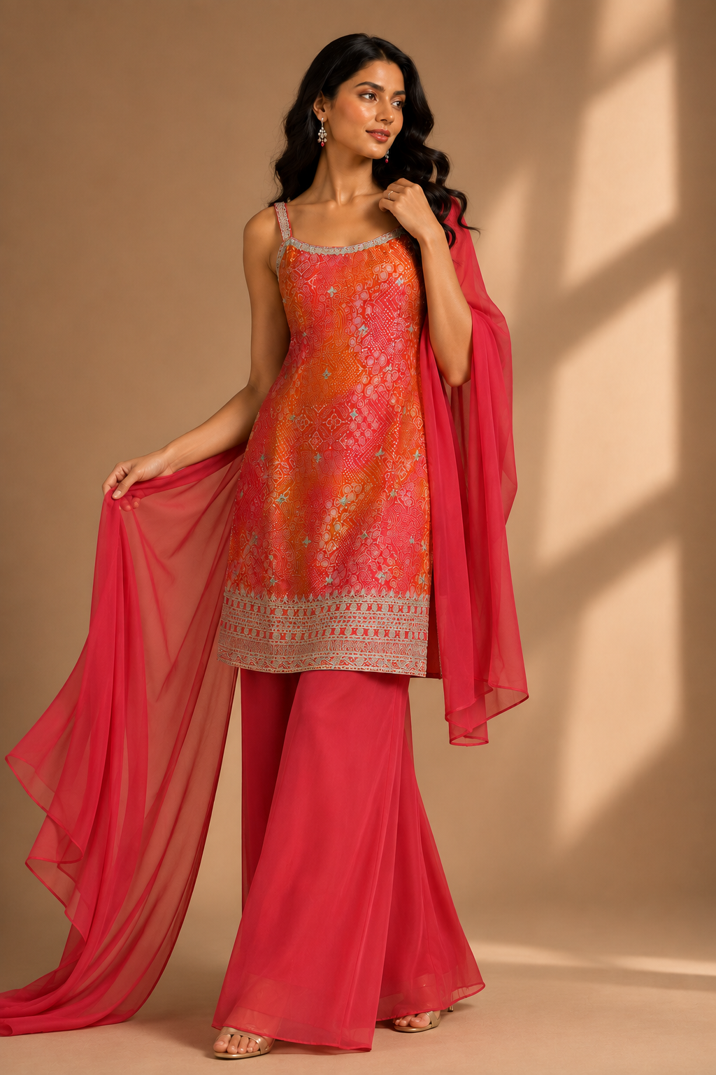 Coral Orange & Pink Embroidered Kurta Pant Set with Dupatta