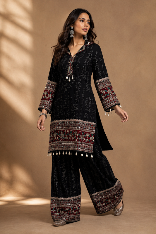 Black Embroidered Co-ord Set with Shell Embellishment