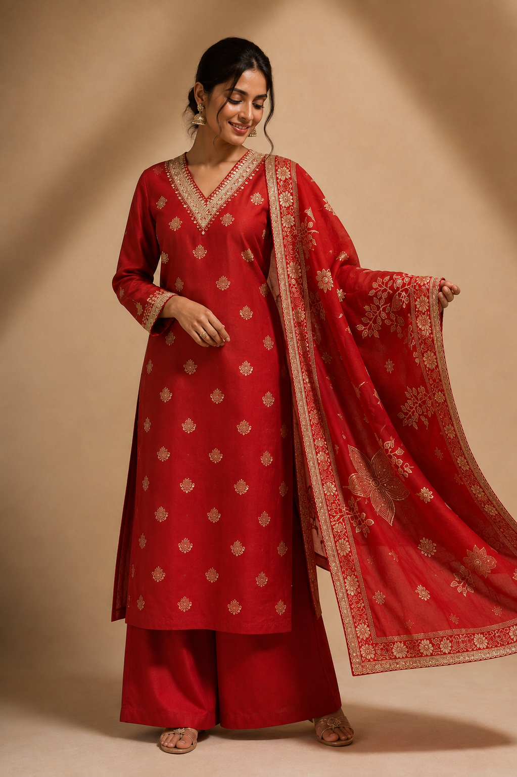 Red Embroidered Kurta Palazzo Set with Dupatta