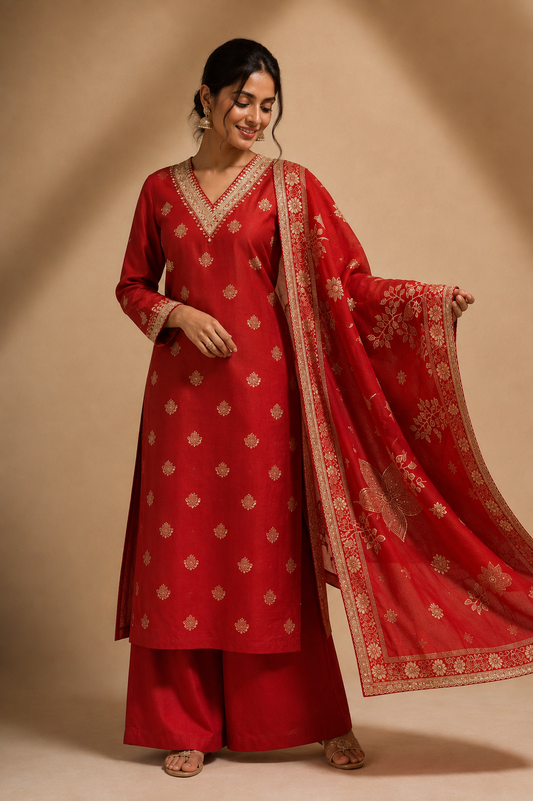 Red Embroidered Kurta Palazzo Set with Dupatta