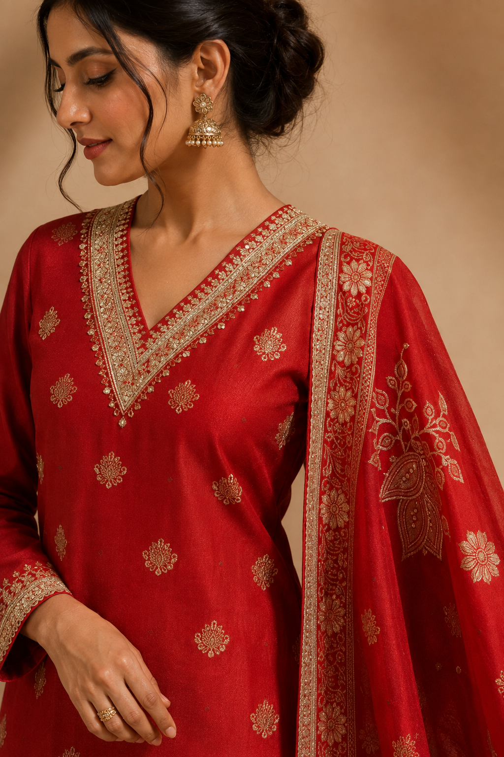 Red Embroidered Kurta Palazzo Set with Dupatta