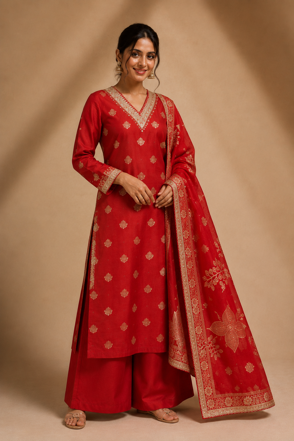 Red Embroidered Kurta Palazzo Set with Dupatta