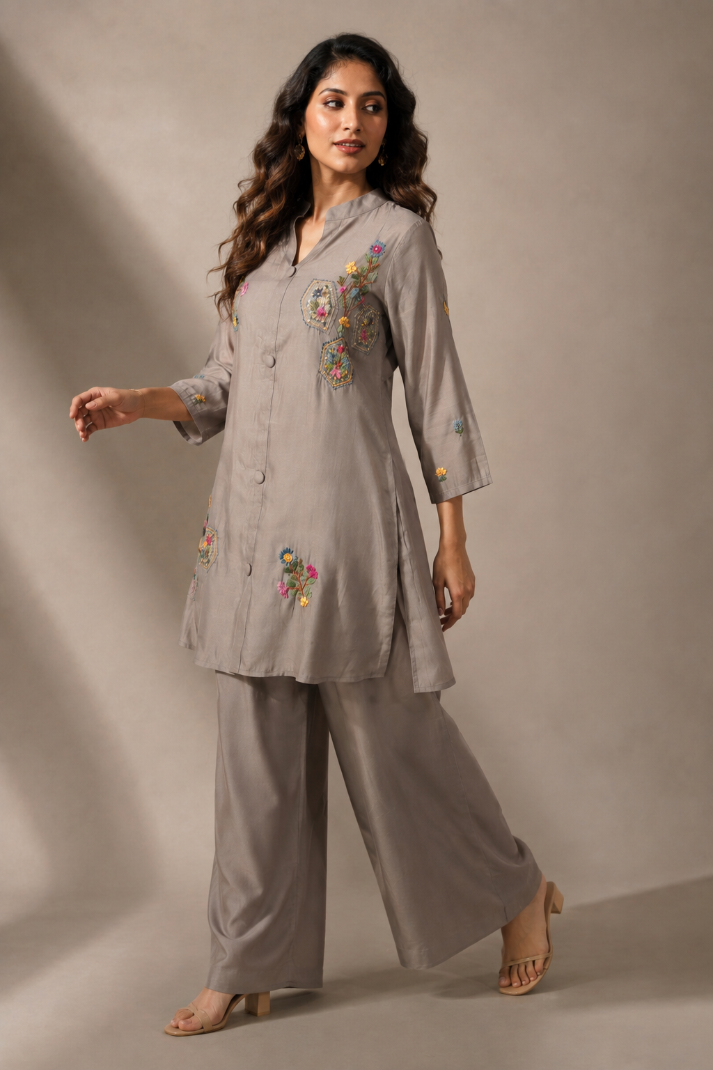 Embroidered Beige Grey Chanderi Co-ord Set