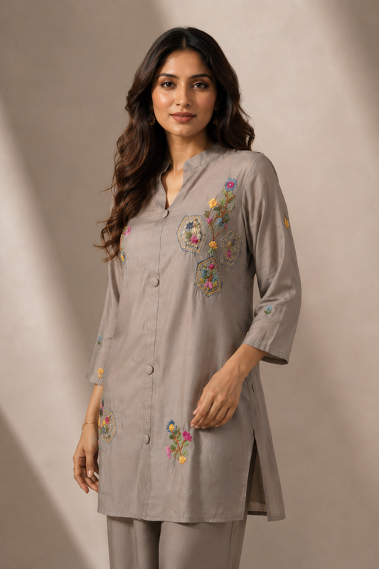 Embroidered Beige Grey Chanderi Co-ord Set