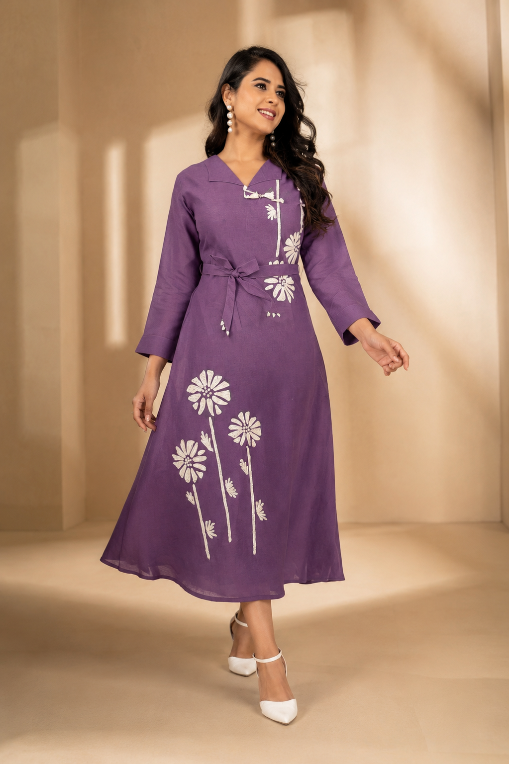 Purple Floral Embroidered Tie-Up Midi Dress
