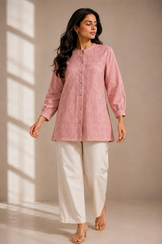 Dusty Rose Embroidered Cotton Short Tunic