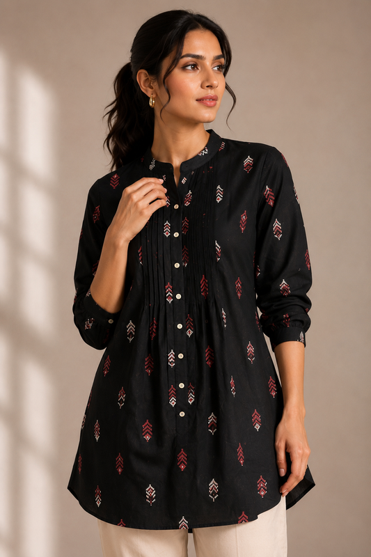 Black Printed Cotton Tunic with Pintuck Detailing