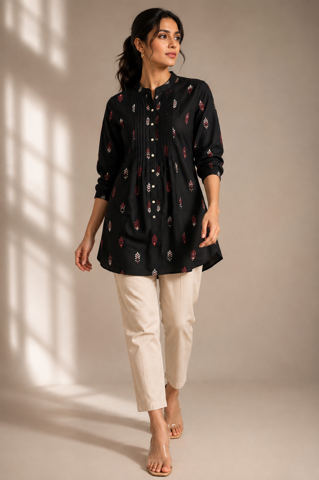 Black Printed Cotton Tunic with Pintuck Detailing