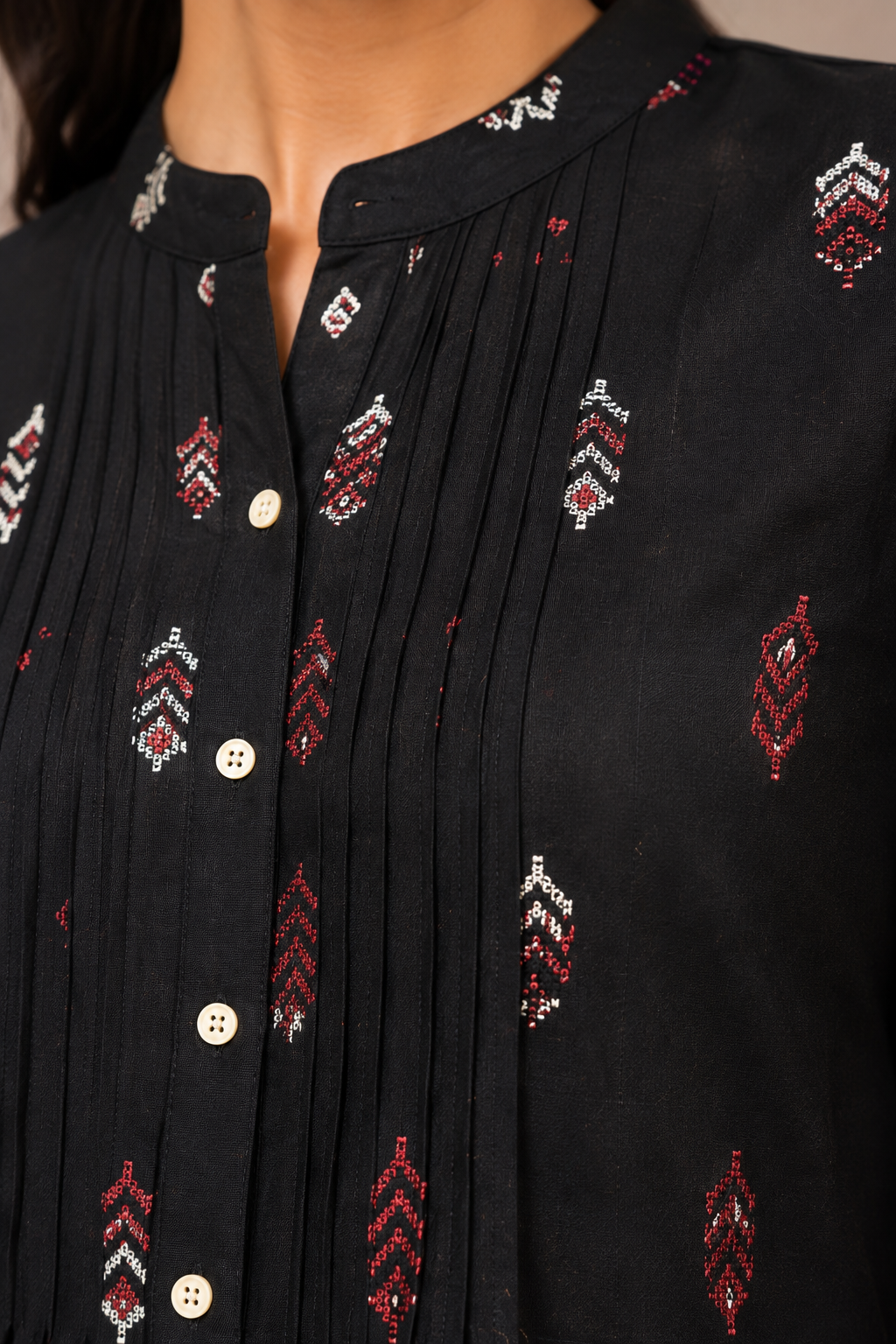 Black Printed Cotton Tunic with Pintuck Detailing