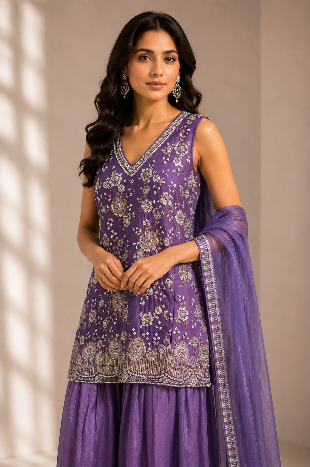 Royal Purple Embroidered Kurta Set with Palazzo & Dupatta